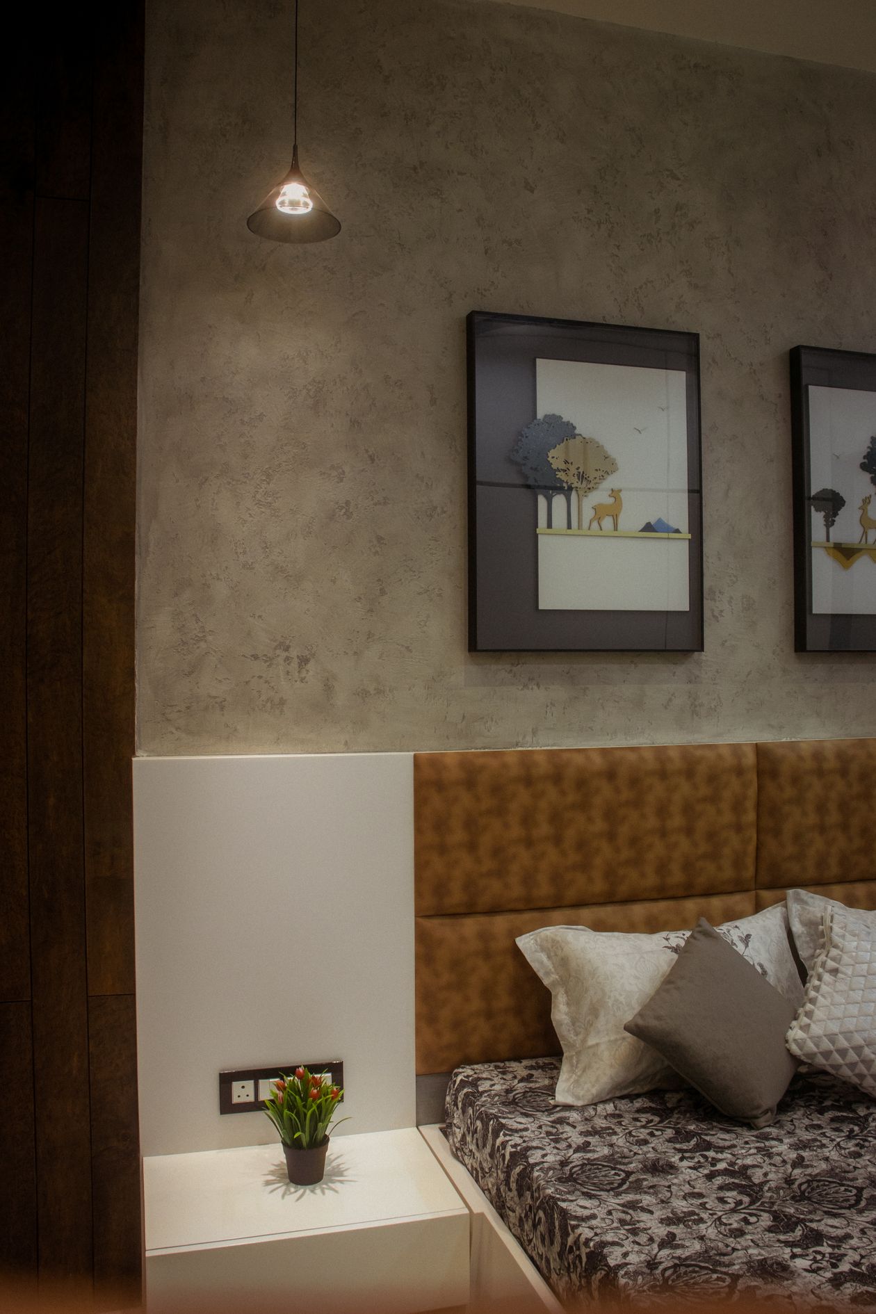 Customized wall design with wall art behind bed headboard