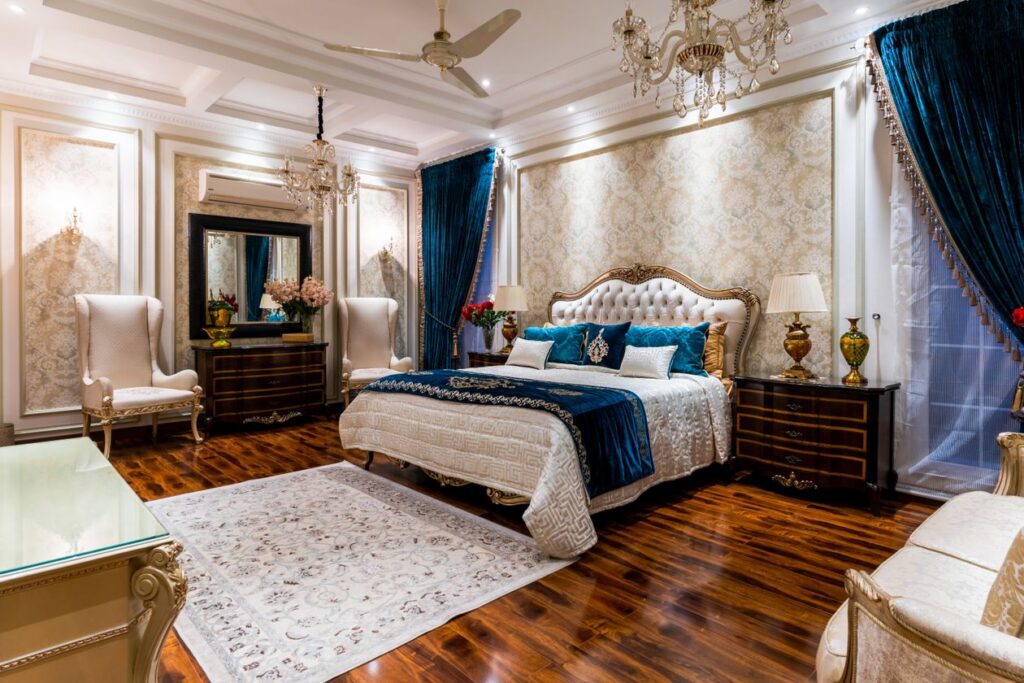 Luxury bedroom interior design with classic opulent furnishings