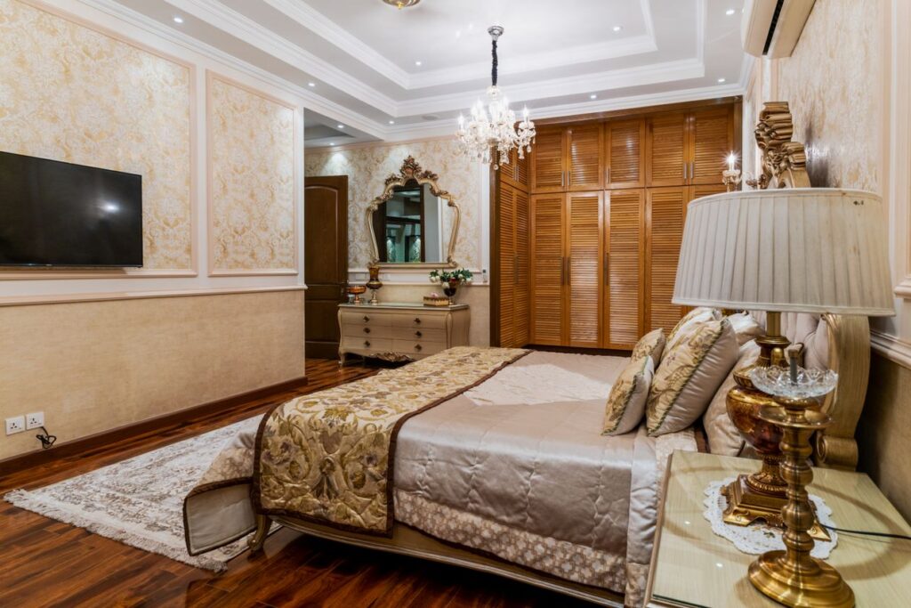 Luxury bedroom interior design classic bed with chandelier