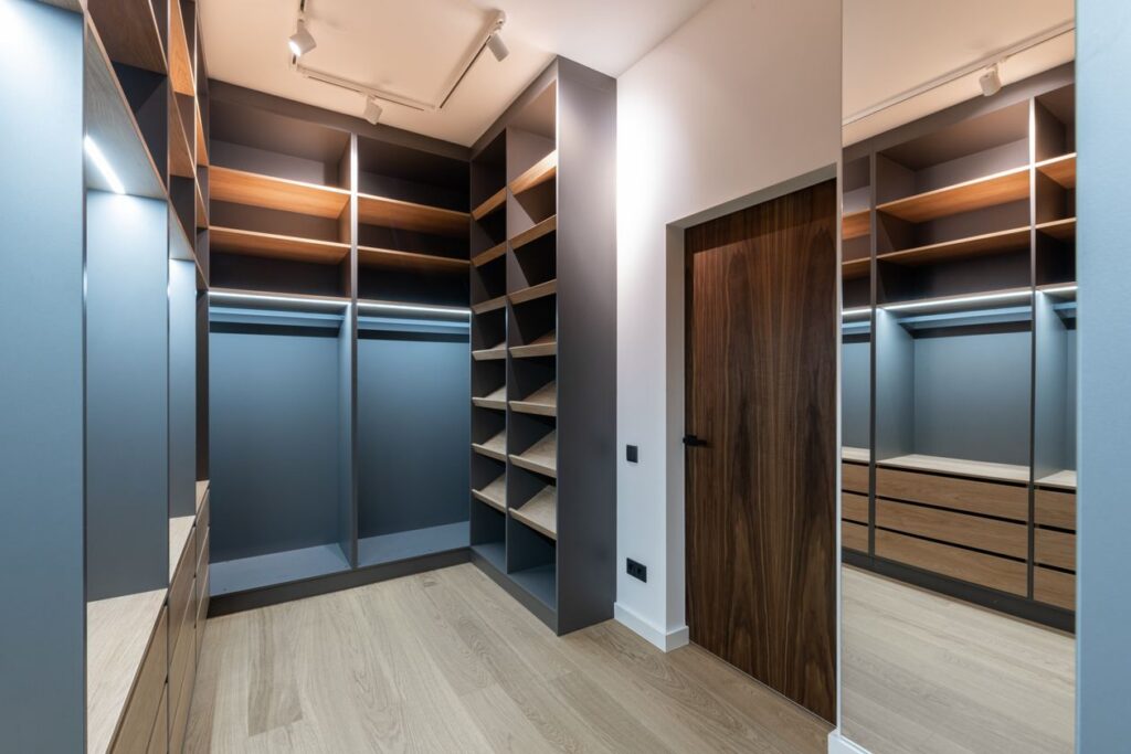 Luxury bedroom interior design wardrobe with wooden shelves