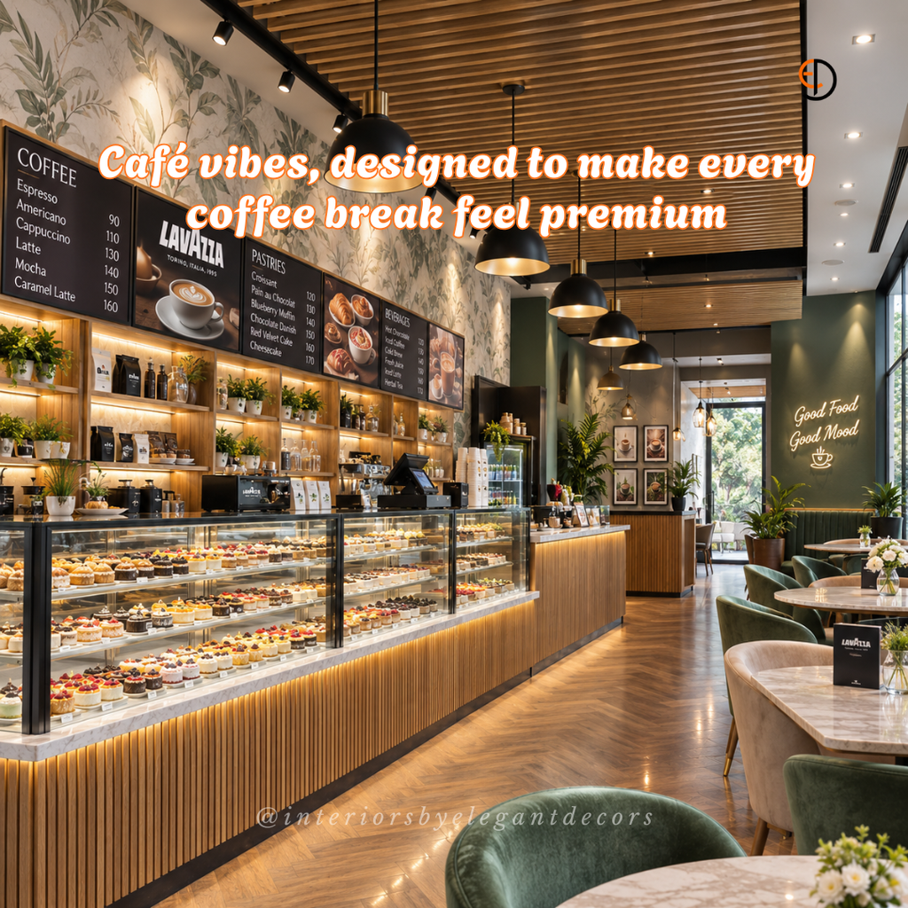 Cafe pastry counter with fluted oak front, menu boards and botanical wallpaper by Elegant Decors