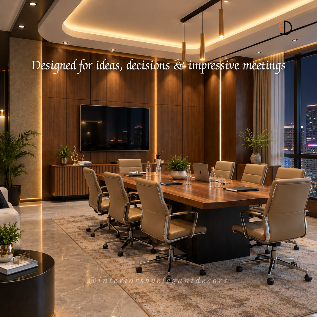 Office meeting room with walnut conference table, tan chairs and wood TV wall by Elegant Decors