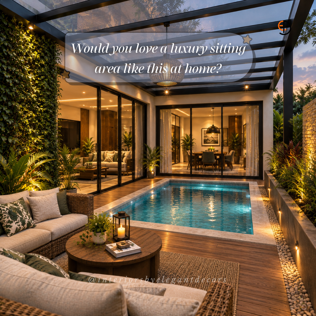 Backyard pool deck with glass pergola, cane lounge and vertical garden by Elegant Decors