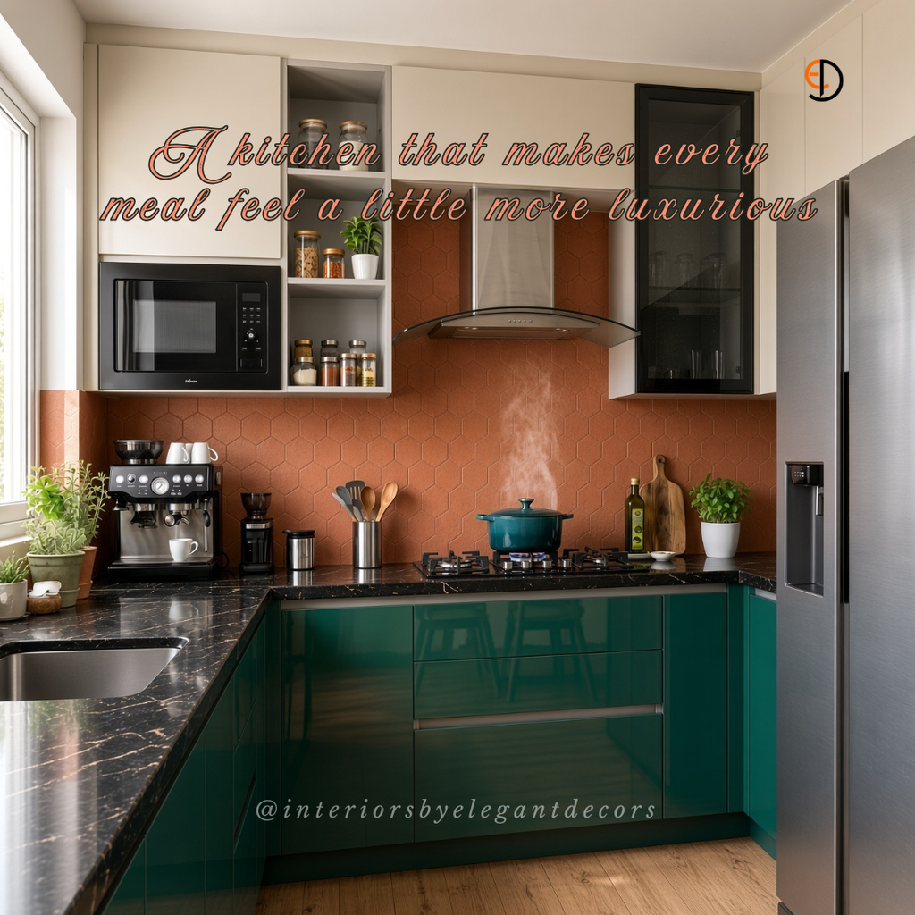 Modular kitchen with emerald cabinets, terracotta hex backsplash and black stone counters by Elegant Decors