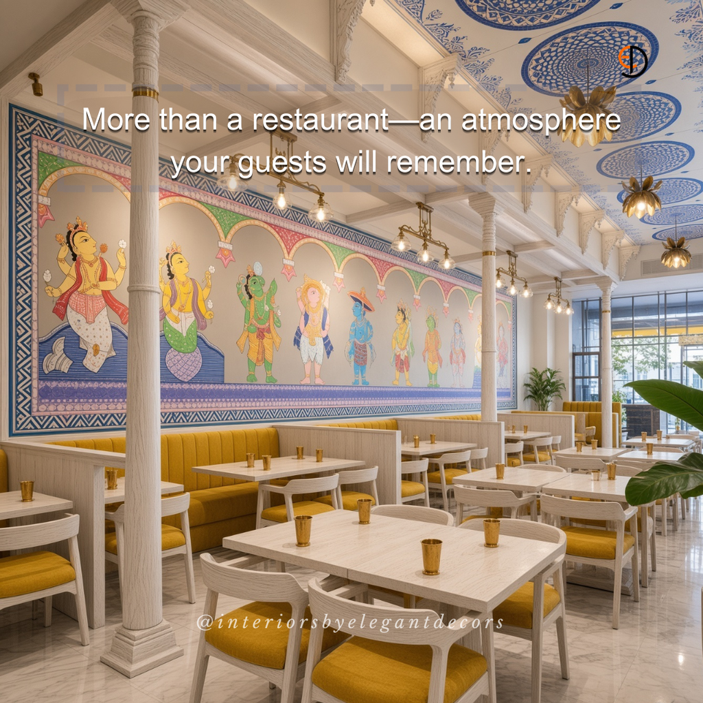 Restaurant hall with folk mural wall, mustard banquettes and blue ceiling medallions by Elegant Decors