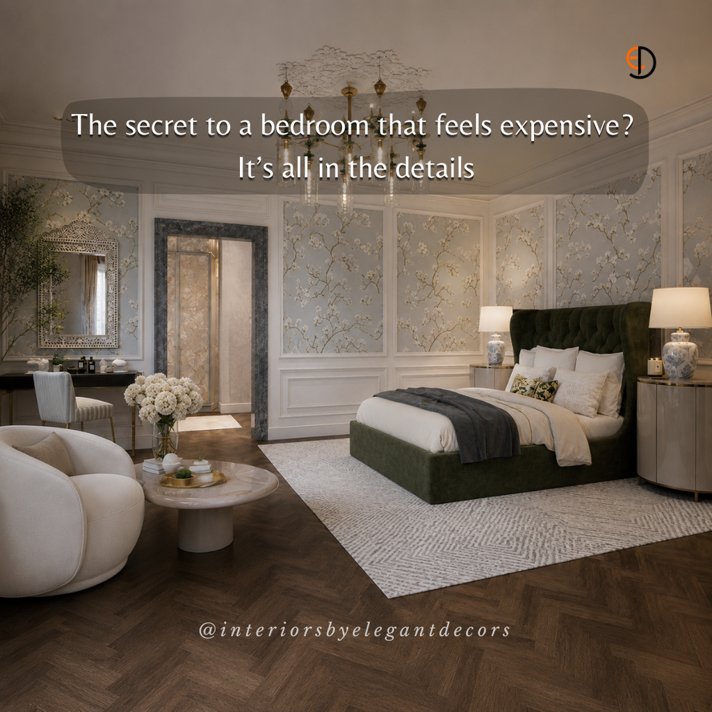 Luxury bedroom with olive tufted headboard, blossom panels and herringbone floor by Elegant Decors