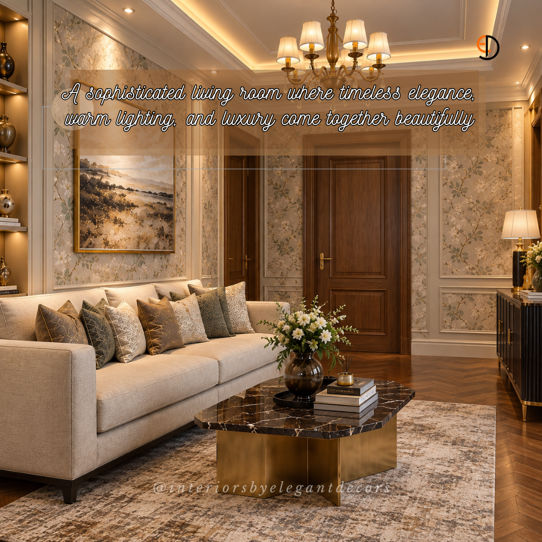 Classic living room with floral panelling, cream sofa and marble coffee table by Elegant Decors