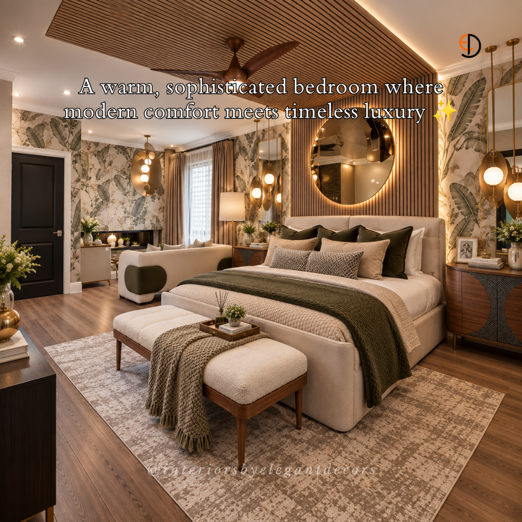 Master bedroom with slatted wood headboard, round backlit mirror and lounge sofa by Elegant Decors