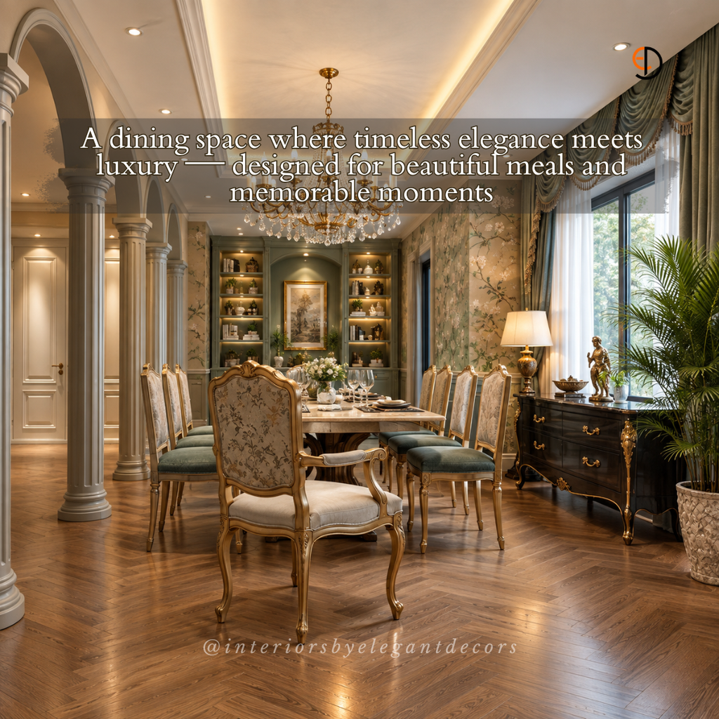 Formal dining room with columns, carved chairs, sage hutch and crystal chandelier by Elegant Decors