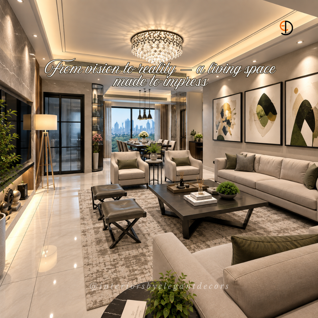 Apartment living space with beige sofas, marble TV wall and city-view dining by Elegant Decors