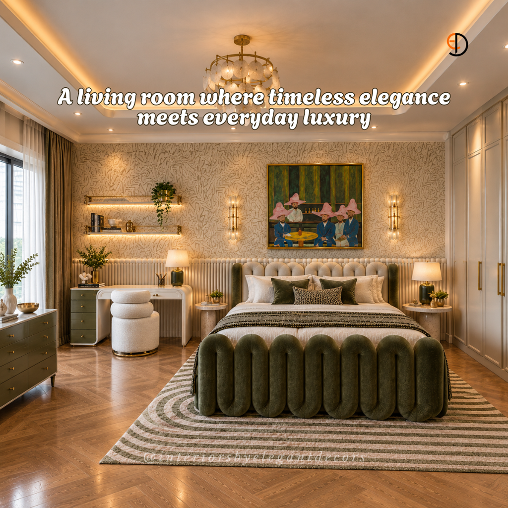 Master bedroom with sculpted olive bed, dressing desk and wardrobe wall by Elegant Decors
