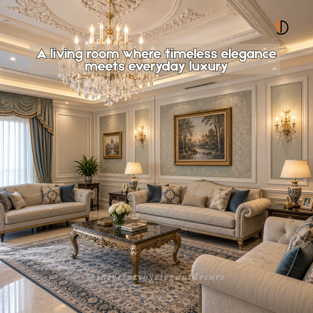 Classic living room with panelled walls, crystal chandelier and carved sofas by Elegant Decors