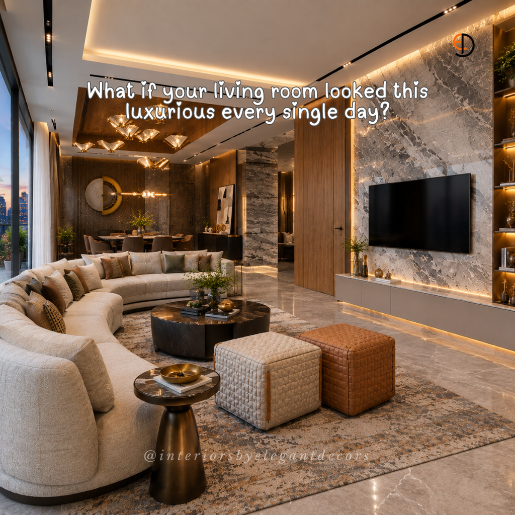 Luxury living area with marble TV wall, curved sofa and dining beyond by Elegant Decors