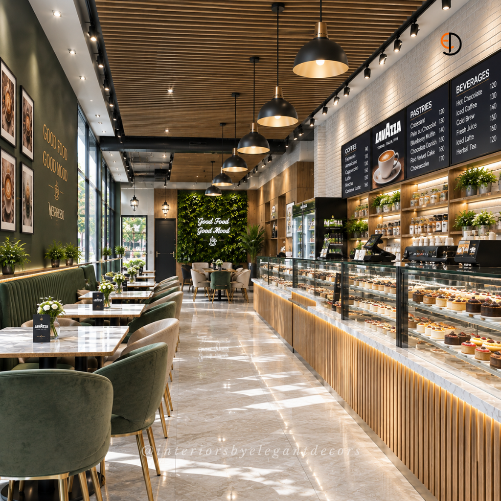 Cafe seating with green banquettes, moss feature wall and marble tables by Elegant Decors