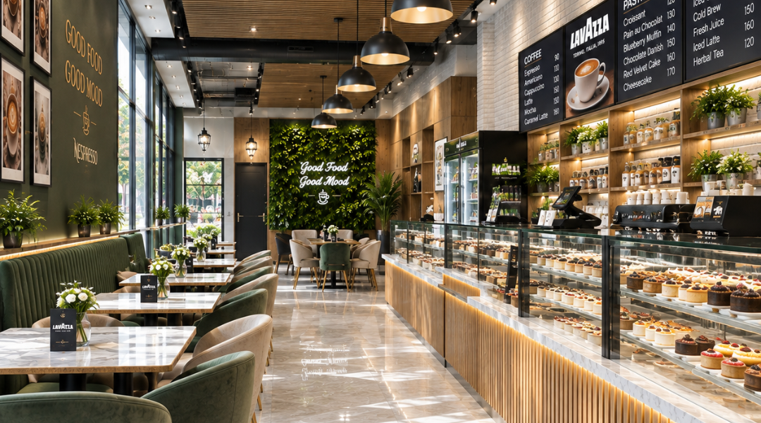 Cafe seating with green banquettes, moss feature wall and marble tables by Elegant Decors