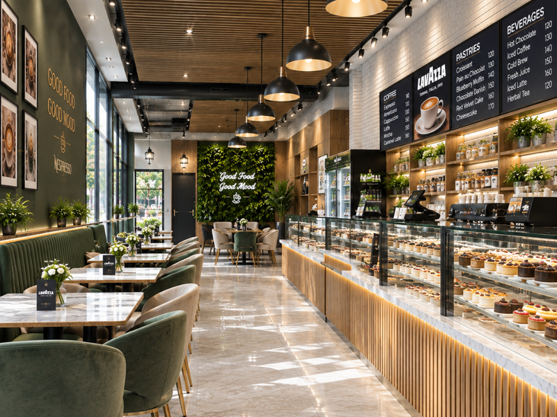 Cafe seating with green banquettes, moss feature wall and marble tables by Elegant Decors
