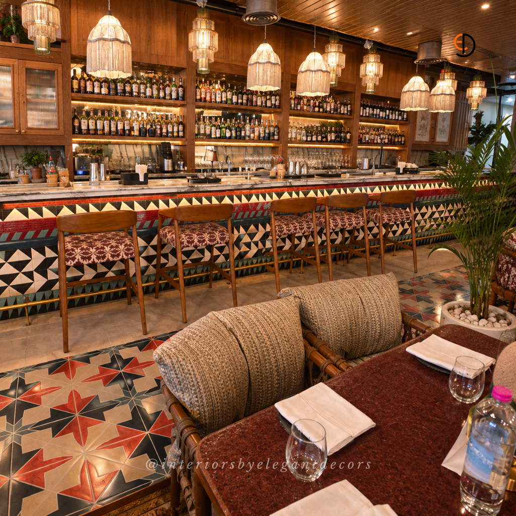 Restaurant dining hall with antique map ceiling, fluted columns and herringbone floor by Elegant Decors