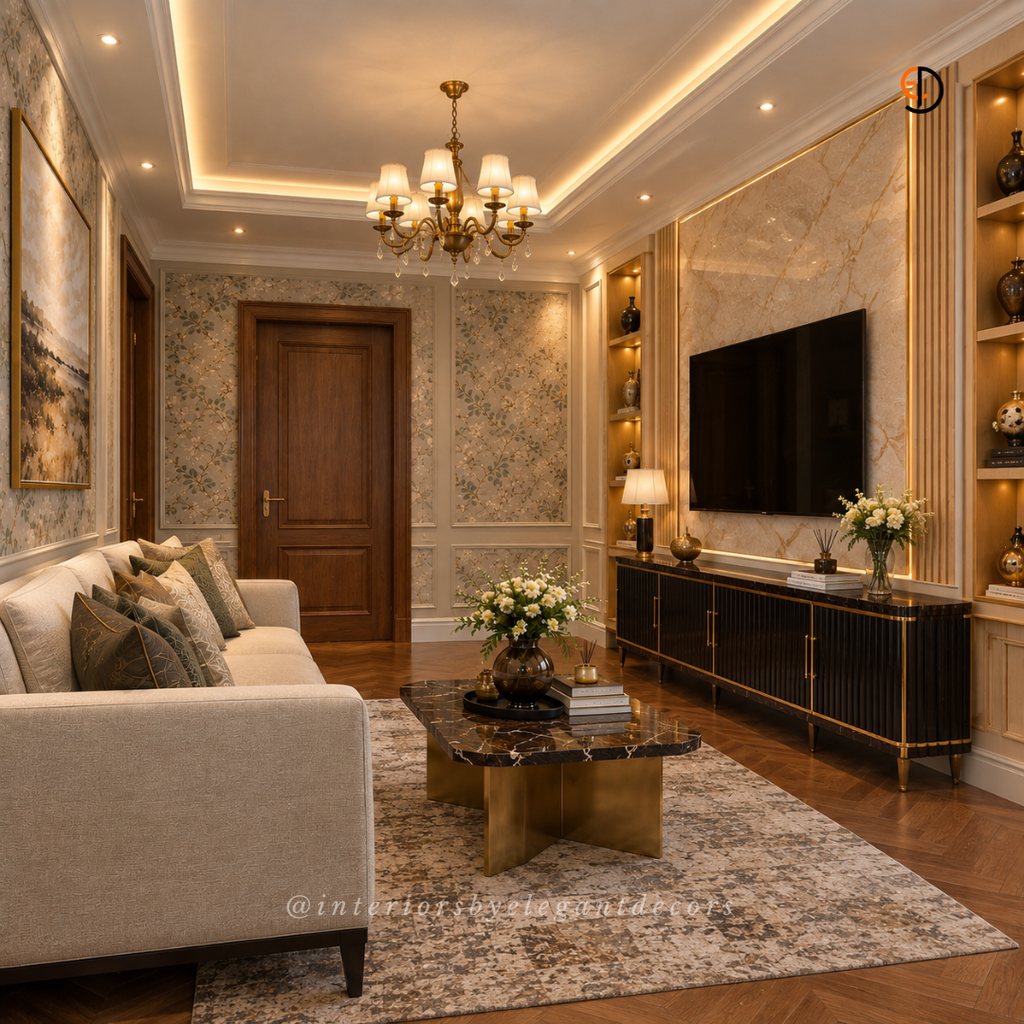 Living room TV wall with marble slab and fluted black media unit by Elegant Decors
