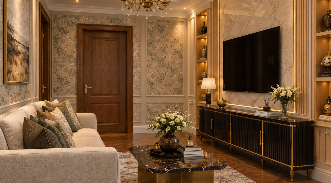 Living room TV wall with marble slab and fluted black media unit by Elegant Decors