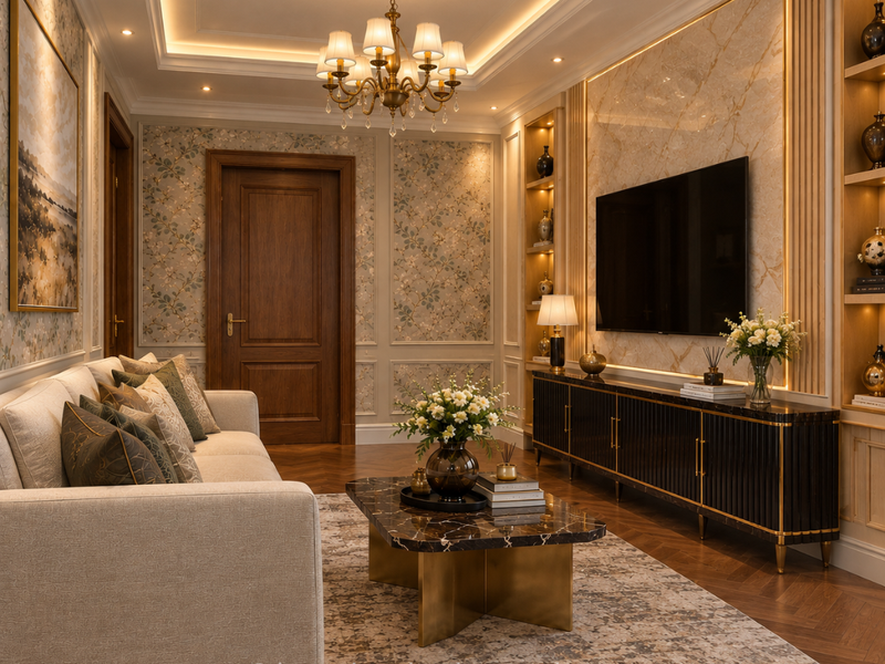 Living room TV wall with marble slab and fluted black media unit by Elegant Decors