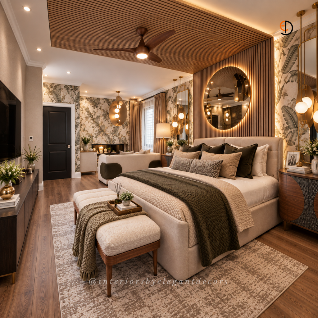 Bedroom view toward door and TV wall with wood-slat ceiling by Elegant Decors