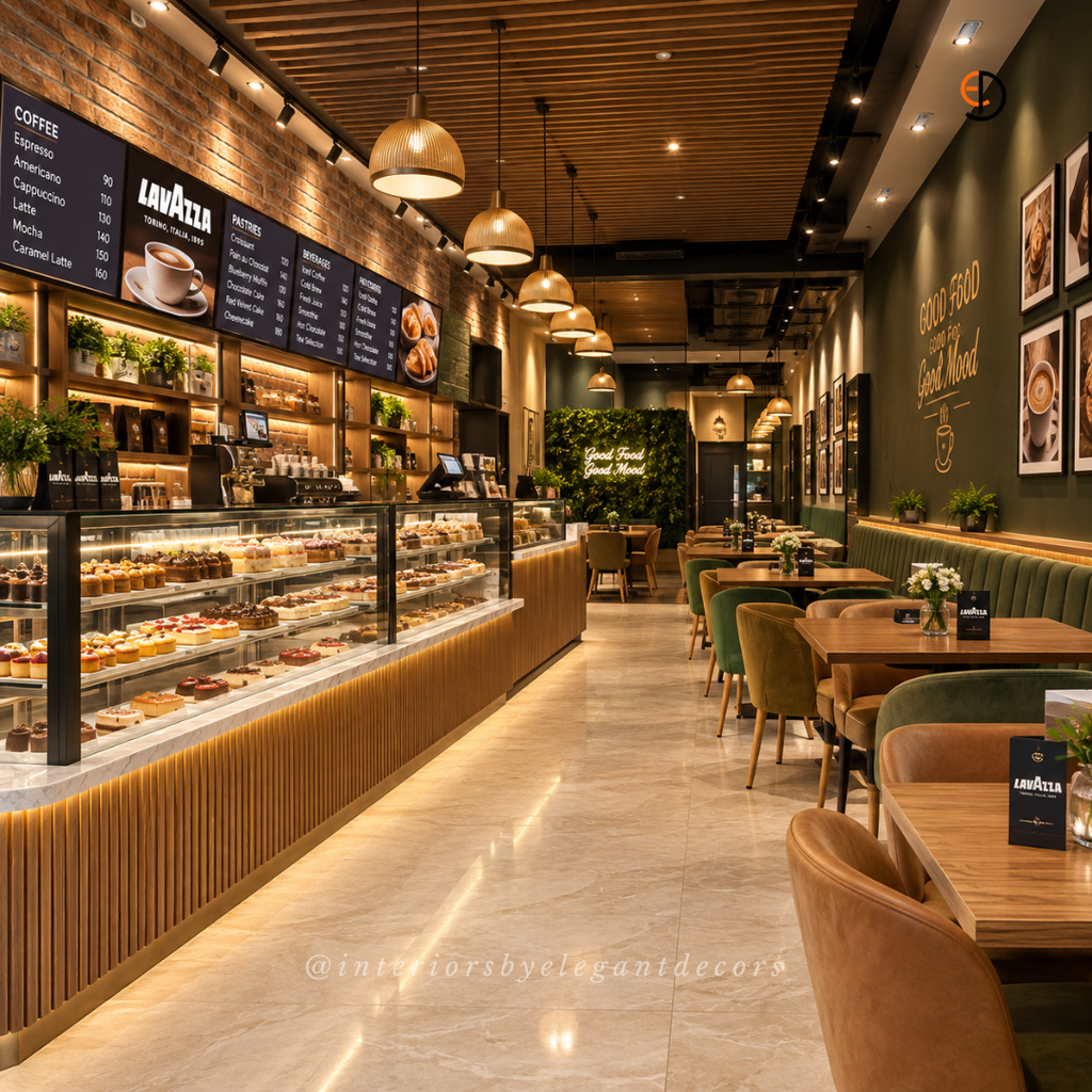 Cafe brick menu wall, pastry display and banquette seating by Elegant Decors