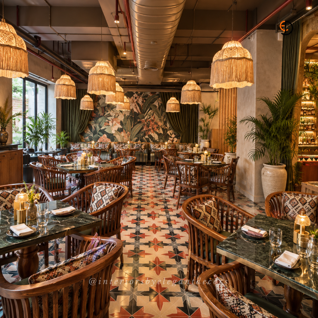 Restaurant bar with coffered wood ceiling, bottle wall and quilted chairs by Elegant Decors