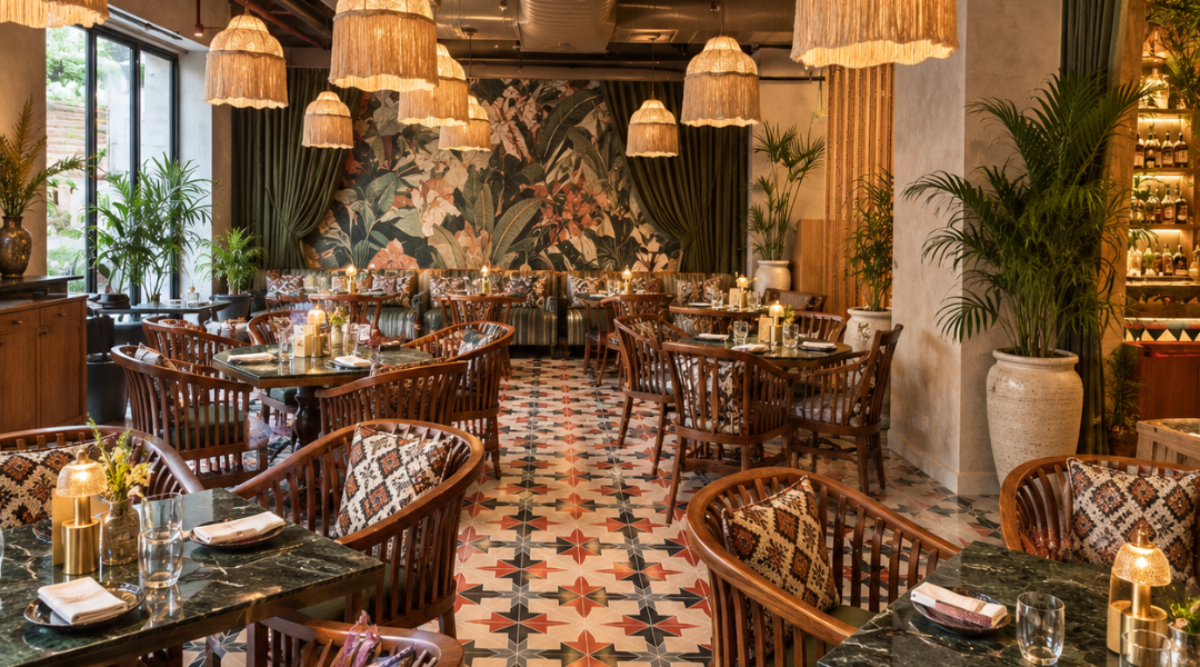 Restaurant bar with coffered wood ceiling, bottle wall and quilted chairs by Elegant Decors