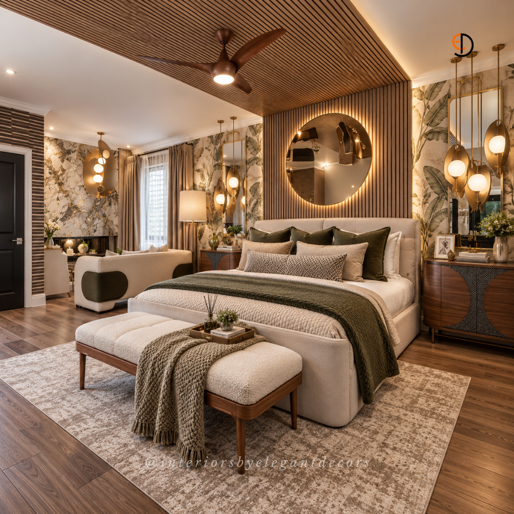 Bedroom dressing side with brass pendants, walnut cabinet and botanical wallpaper by Elegant Decors