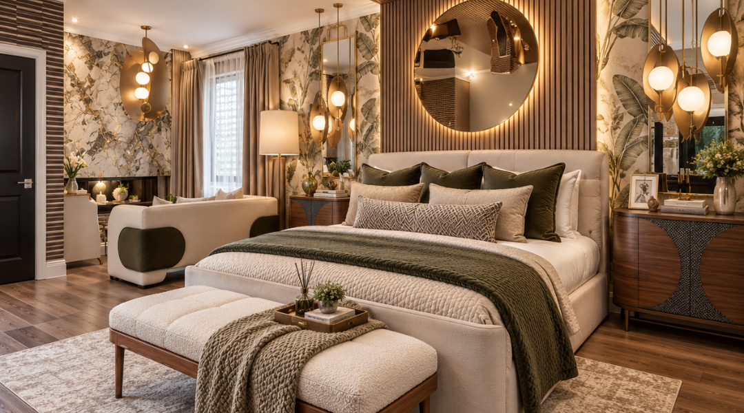 Bedroom dressing side with brass pendants, walnut cabinet and botanical wallpaper by Elegant Decors