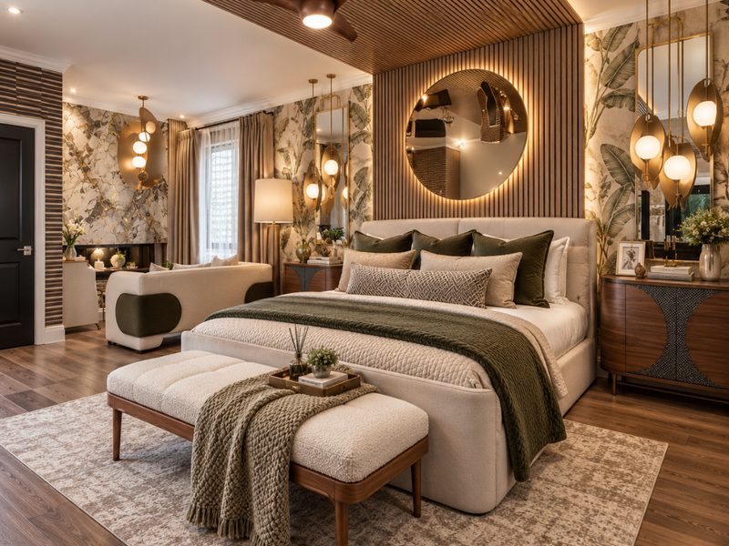 Bedroom dressing side with brass pendants, walnut cabinet and botanical wallpaper by Elegant Decors