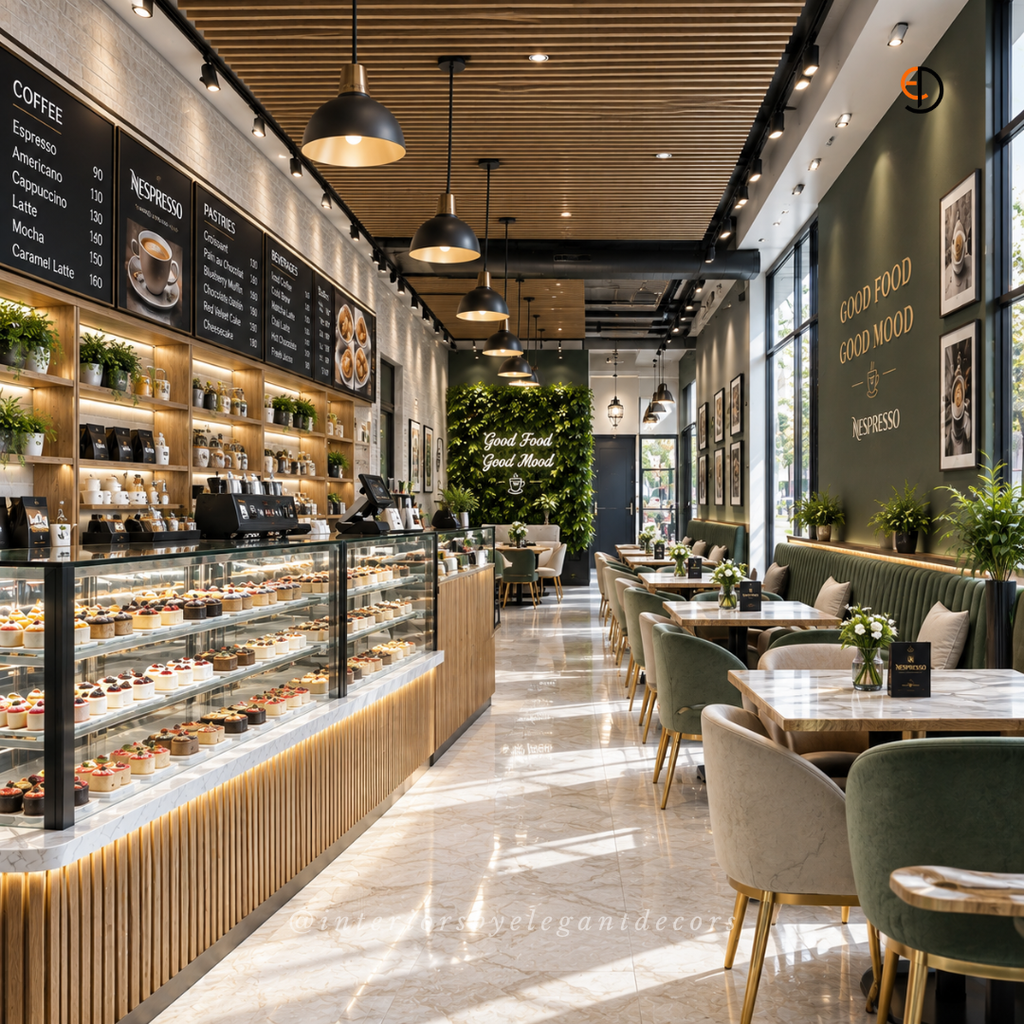 Cafe long view with display counter, green seating and feature wall by Elegant Decors