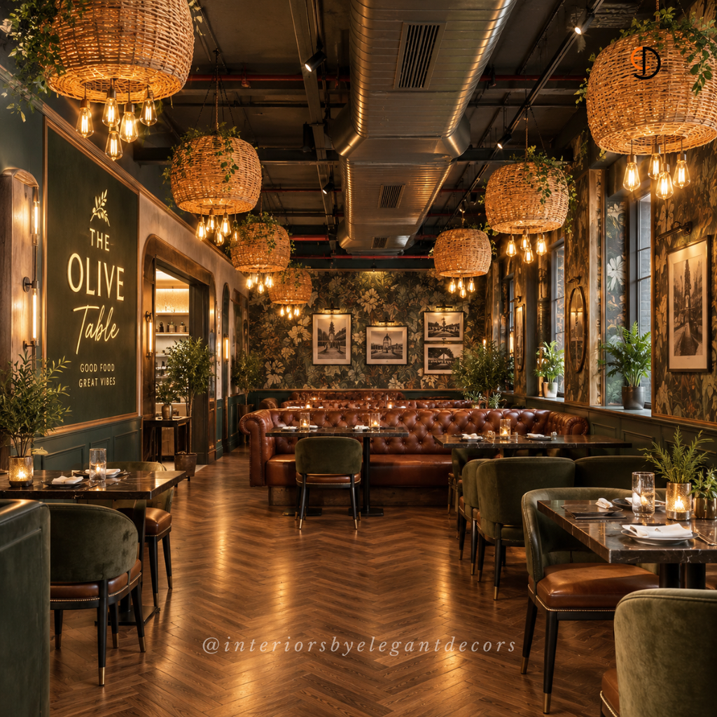 Open courtyard restaurant terrace with cane chairs, string lights and star lanterns by Elegant Decors