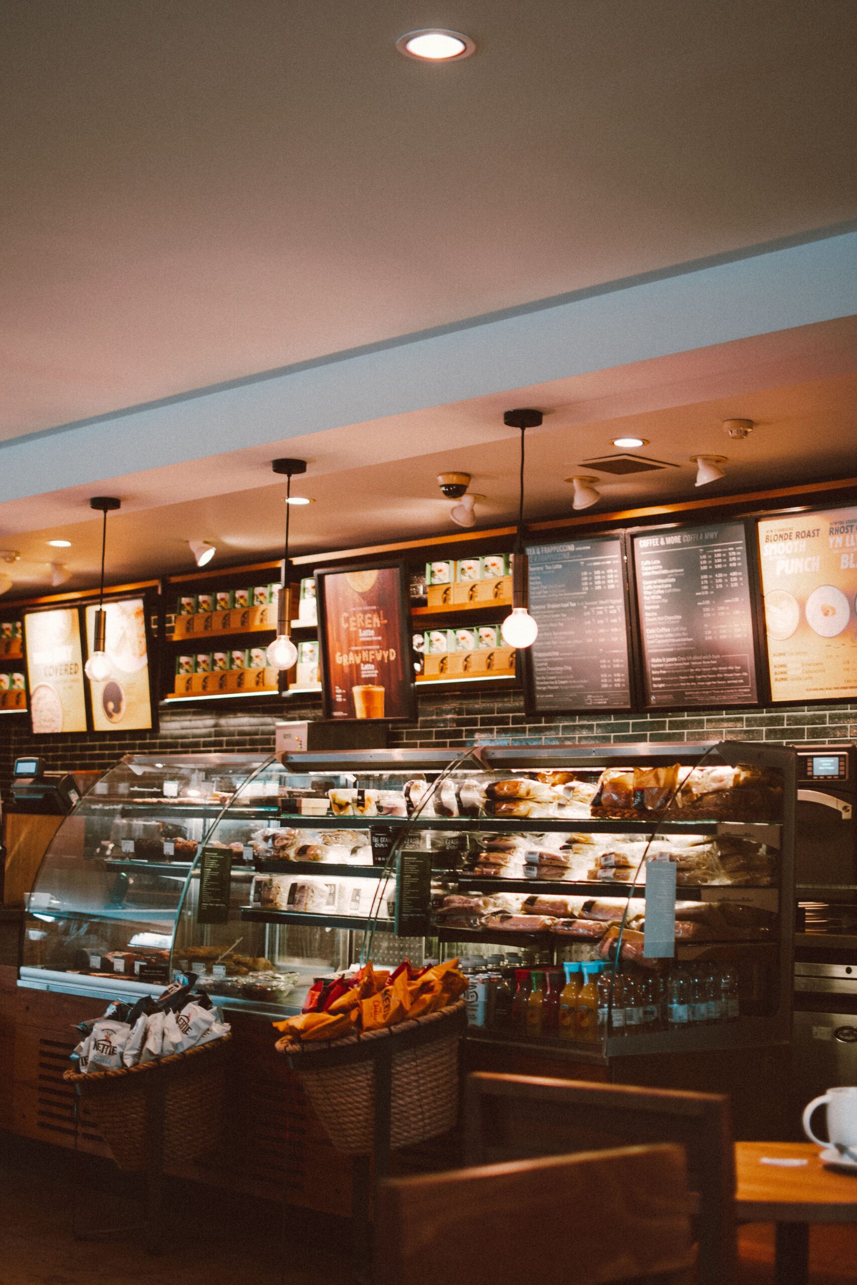 Cafe pendant lights over tables