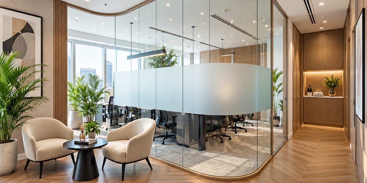Office lounge seating with curved frosted glass meeting cabin by Elegant Decors