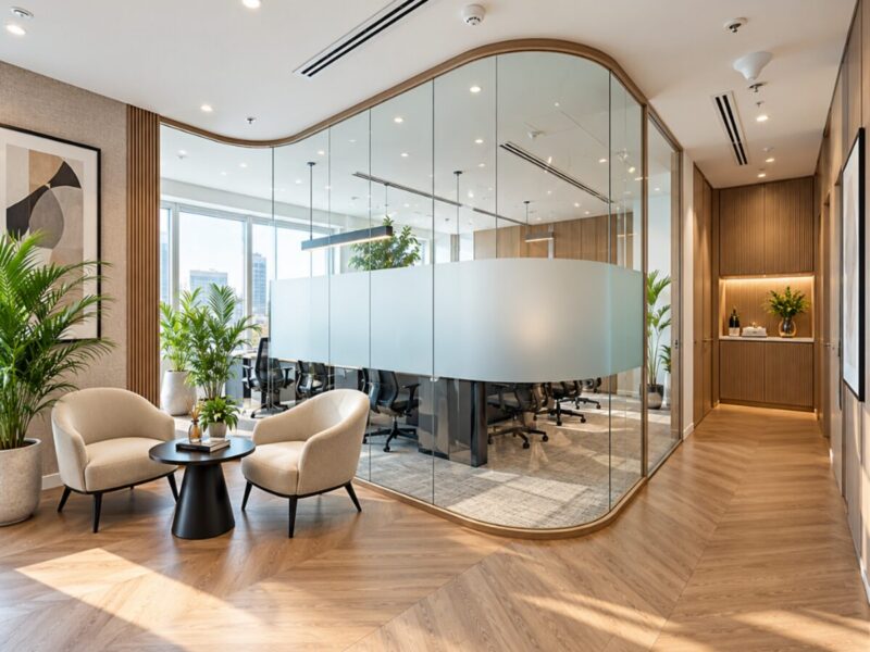 Office lounge seating with curved frosted glass meeting cabin by Elegant Decors