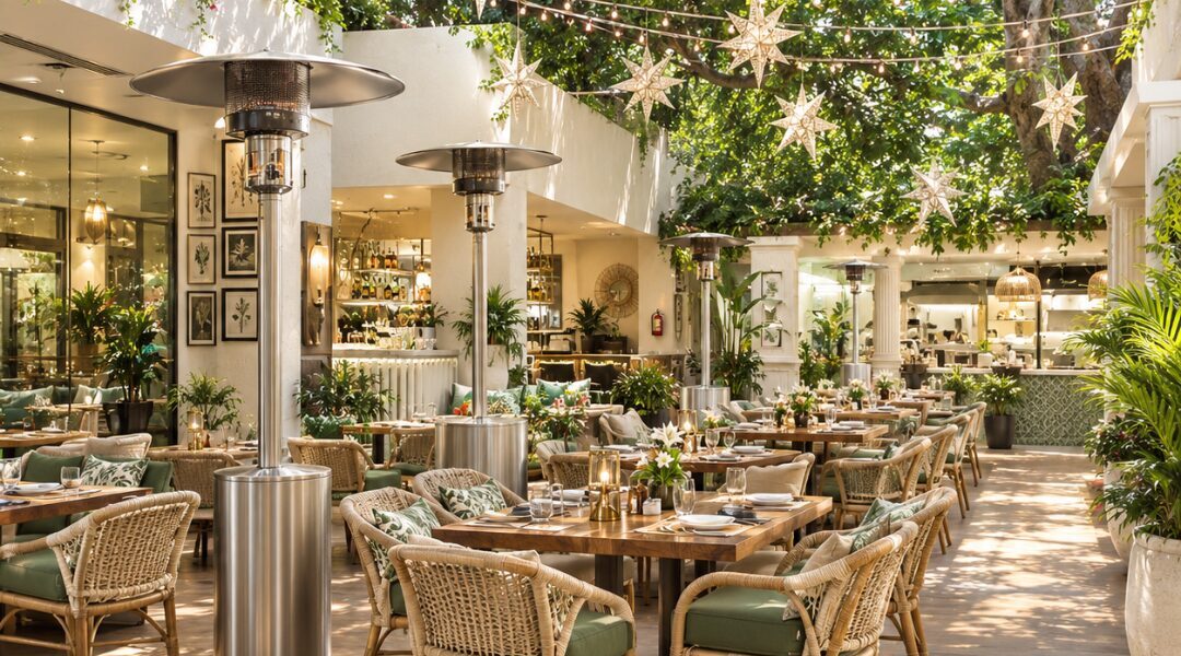 Open courtyard restaurant terrace with cane chairs, string lights and star lanterns by Elegant Decors