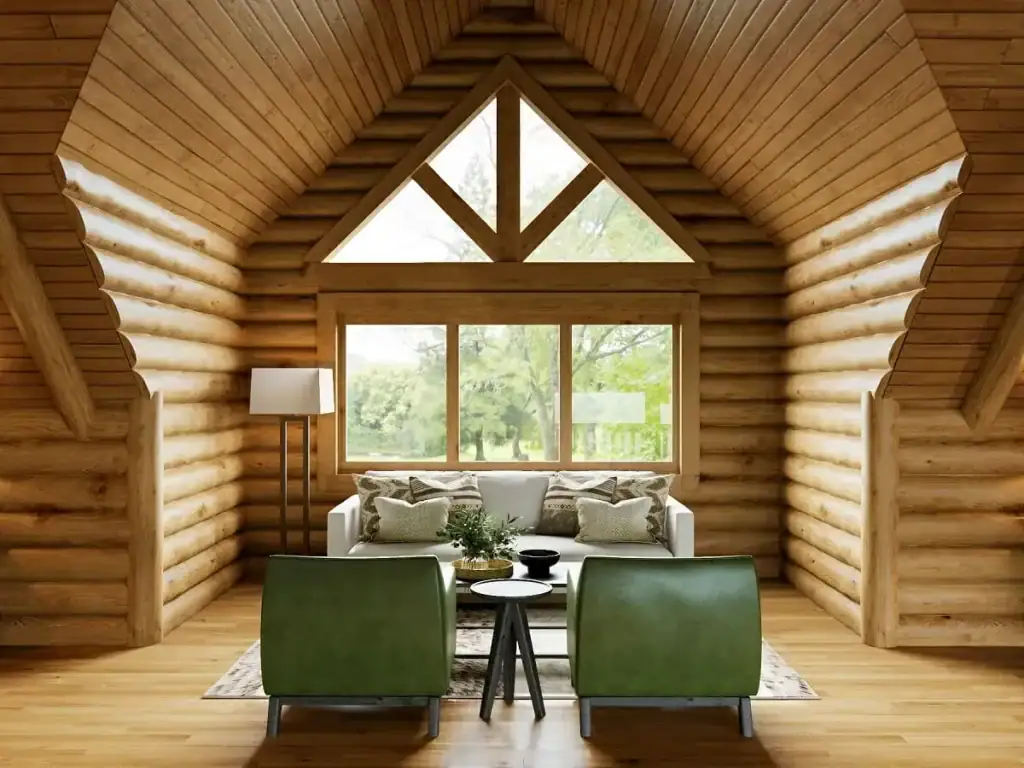 Elegant log cabin living room with triangular window and green chairs.