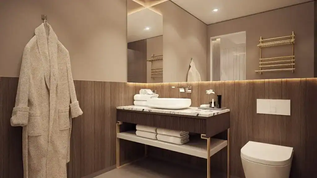 Elegant modern bathroom with wooden paneling and plush robe on hook.